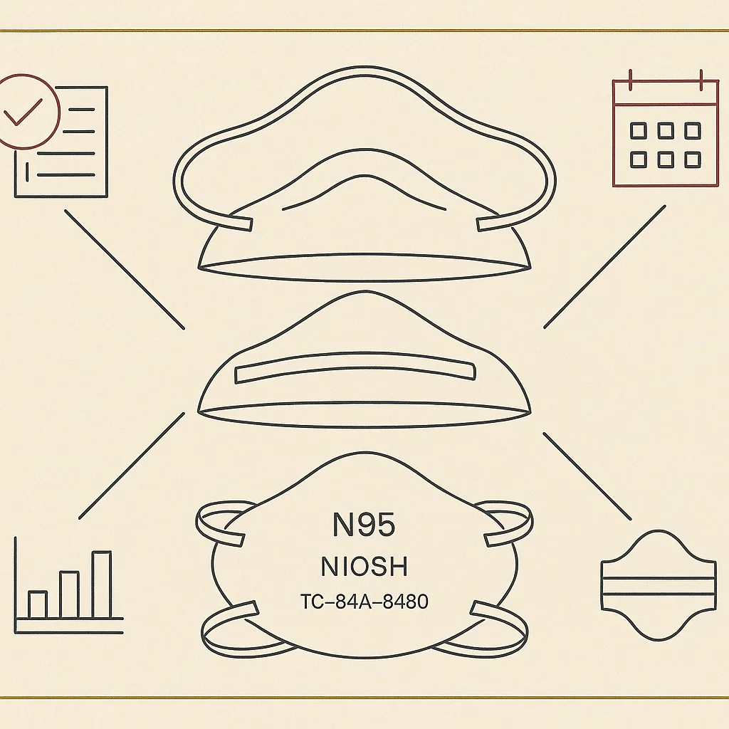 Flat archival exploded diagram of an N95 respirator in three separated layers, the facepiece printed N95, NIOSH, and TC-84A-8480, with hairline rules radiating to four corner glyphs: a checklist, a calendar page, a bar chart, and a mask cross-section