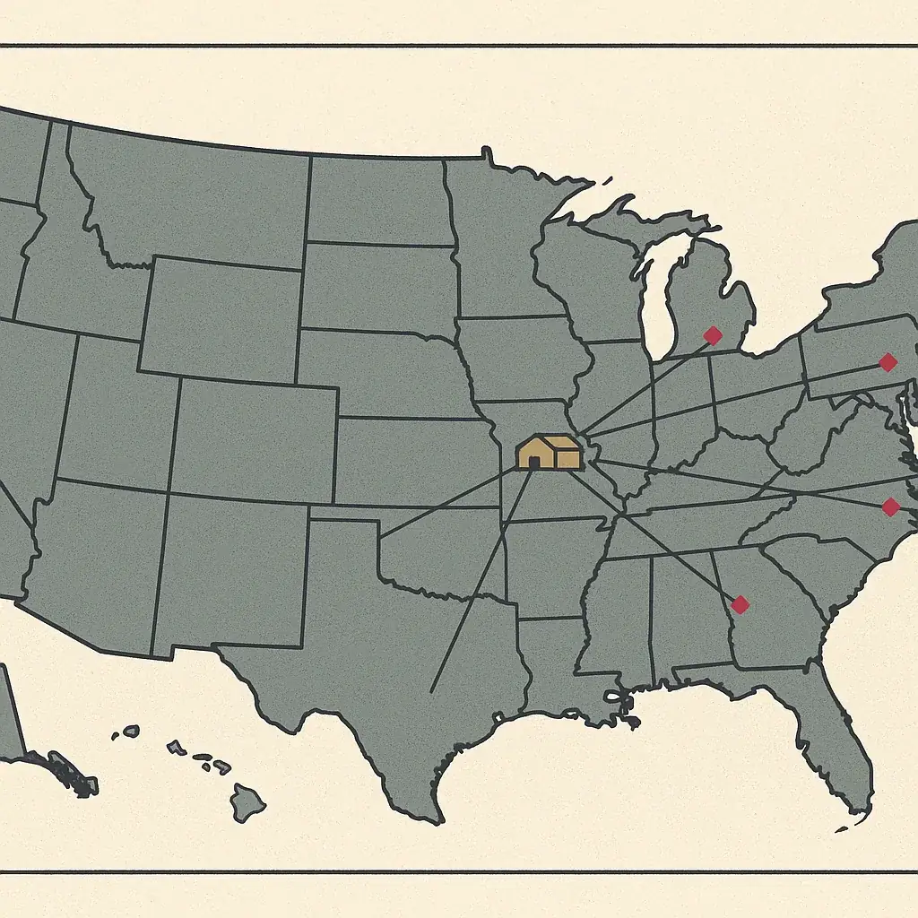 Flat archival map of the United States with marks on the partner-society states, each connected by a hairline to a central depot glyph