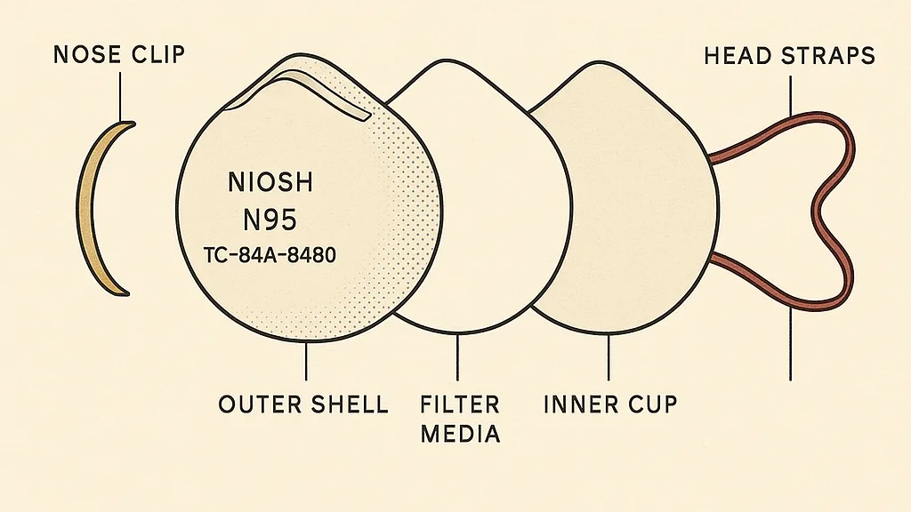 Flat archival exploded diagram of a cup-style N95 respirator: brass nose clip, outer shell printed NIOSH N95 TC-84A-8480, filter media layer, inner cup, and oxblood head straps, each part labeled by hairline leader lines