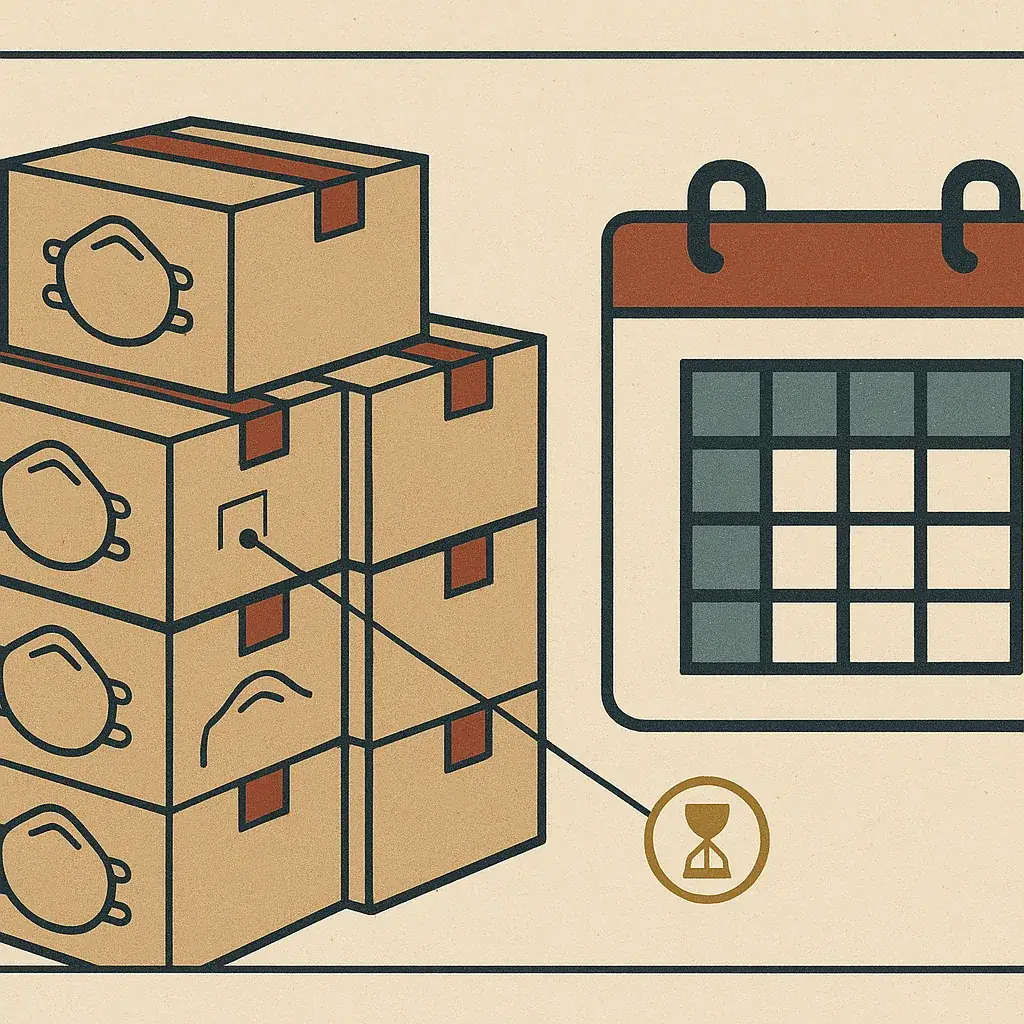 Flat archival diagram of a stacked stockpile of respirator cases beside a calendar-page motif, with an hourglass use-by symbol called out on one box