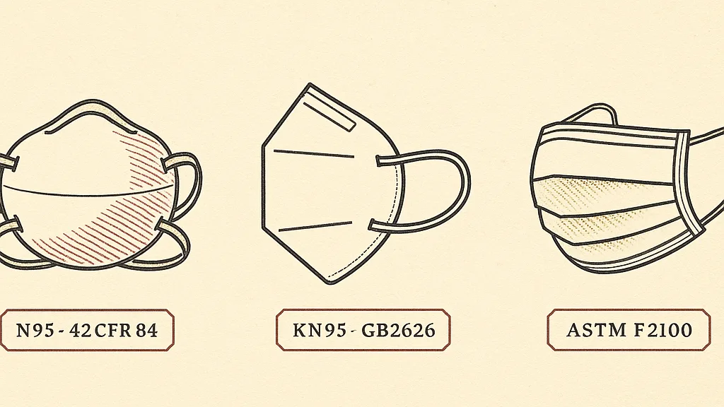 Flat archival side-view diagrams of a cup-style N95 respirator, a flat-fold KN95, and a pleated surgical mask in a row, each above a stamp-style chip bearing its standard code: N95 42 CFR 84, KN95 GB2626, ASTM F2100
