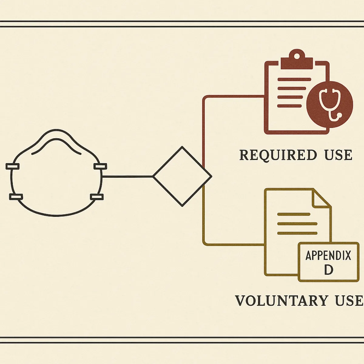 Flat archival decision-tree diagram: an N95 respirator outline leads to a decision node that forks into an oxblood required-use branch ending at a clipboard with a written program document and stethoscope seal, and a brass voluntary-use branch ending at a one-page handout tagged Appendix D