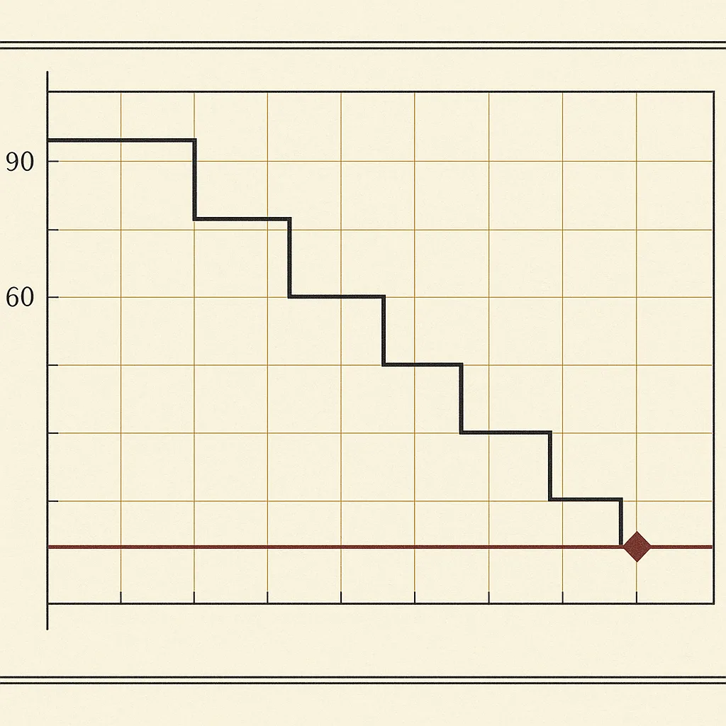 Flat archival ledger-style burn-down chart on cream paper: a dark stepped PPE inventory line descends across brass gridlines from the 90 and 60 axis marks to an oxblood reorder line, crossing it at a small diamond