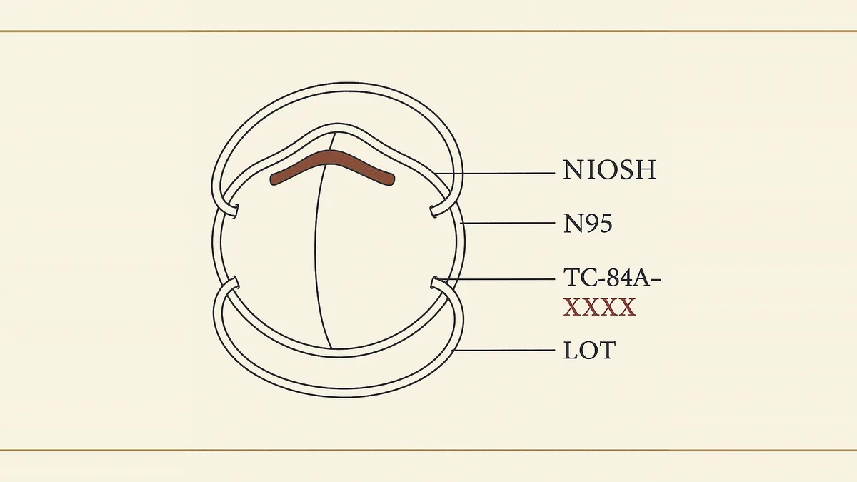 Flat archival line diagram of an N95 respirator cup with hairline leaders calling out its required printed markings: NIOSH, N95, the TC-84A approval number, and lot number